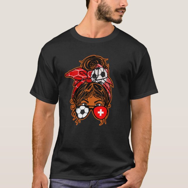 Messy Bun Hair Brown Skin Soccer Girl Switzerland  T-Shirt (Front)