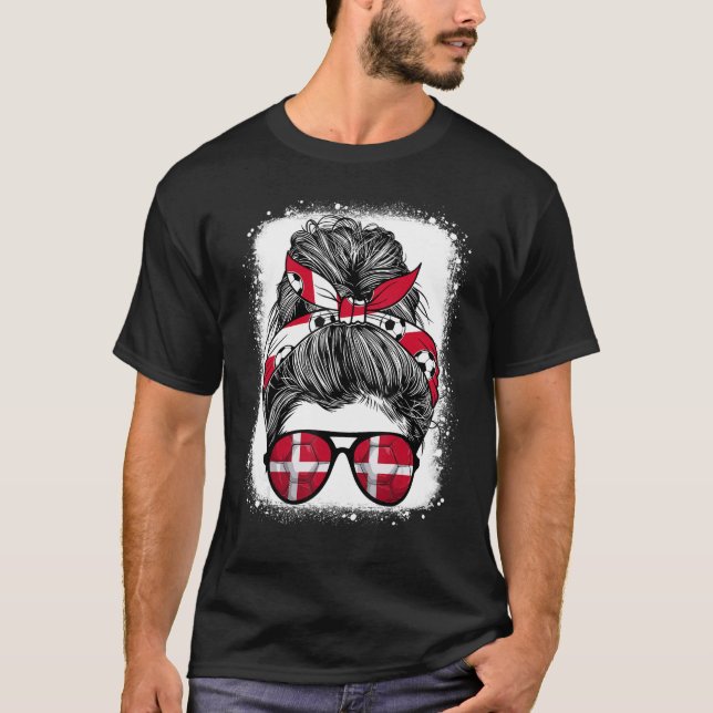 Messy Bun Hair Denmark Flag Glasses Danish Girls W T-Shirt (Front)