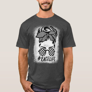 Messy Bun Hair Glasses Checkered Flag Bandana Race T-Shirt