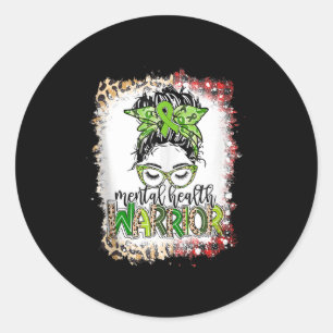 Messy Bun Hair Leopard Mental Health Awareness War Classic Round Sticker