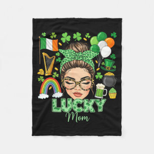 Messy bun hair lucky mum shamrocks st patrick's da fleece blanket