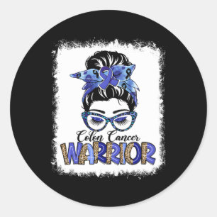 Messy Bun Leopard Blue Ribbon Colon Cancer Warrior Classic Round Sticker