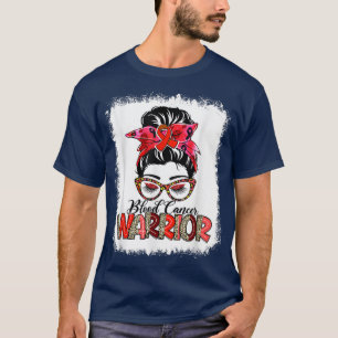 Messy Bun Leopard Red Ribbon Blood Cancer Warrior  T-Shirt