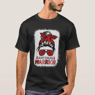 Messy Bun Leopard Warrior Red Heart Disease Awaren T-Shirt