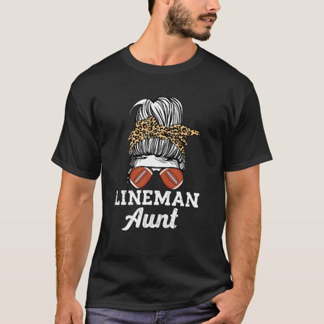 Messy Bun Lineman Aunt Leopard Pattern Offensive L T-Shirt (Front)