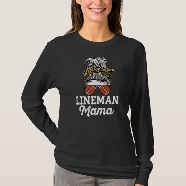 messy bun lineman mama leopard pattern Offensive L T-Shirt (Front)