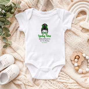 Messy Bun Lucky One 1st Birthday Girl Baby Bodysuit
