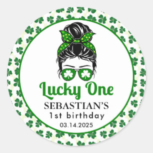 Messy Bun Lucky One 1st Birthday Girl Classic Round Sticker