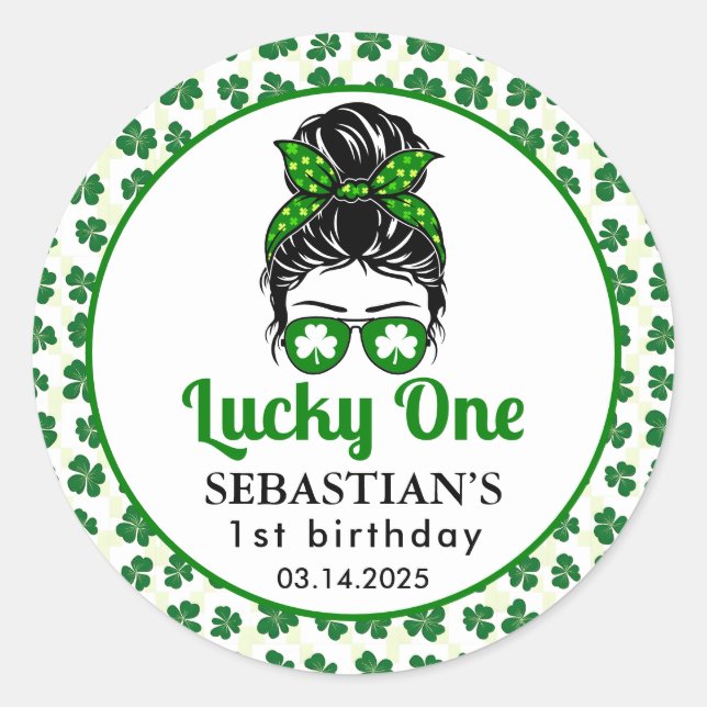  Messy Bun Lucky One 1st Birthday Girl  Classic Round Sticker (Front)