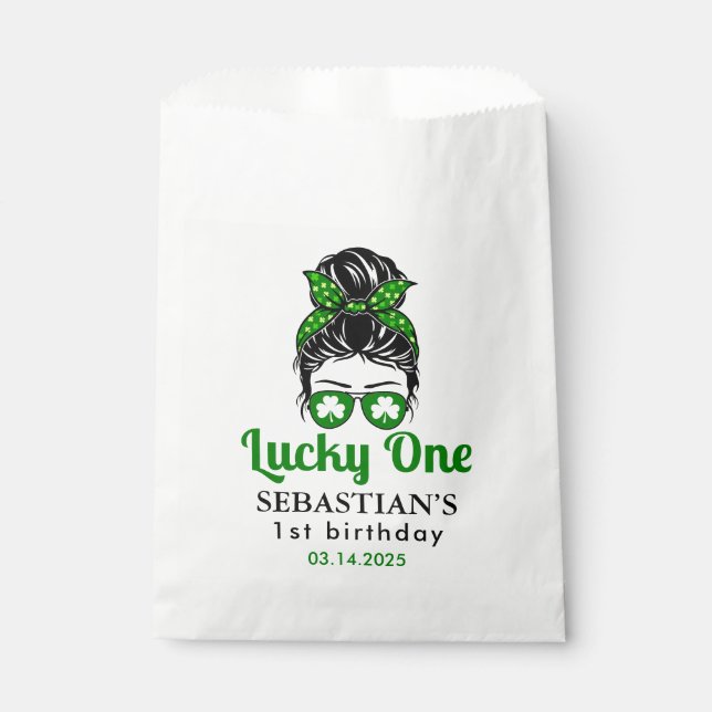  Messy Bun Lucky One 1st Birthday Girl  Favour Bag (Front)