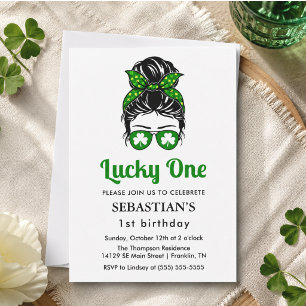 Messy Bun Lucky One 1st Birthday Girl Invitation