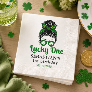 Messy Bun Lucky One 1st Birthday Girl Napkin