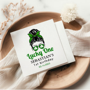 Messy Bun Lucky One 1st Birthday Girl Napkin