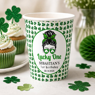  Messy Bun Lucky One 1st Birthday Girl  Paper Cups