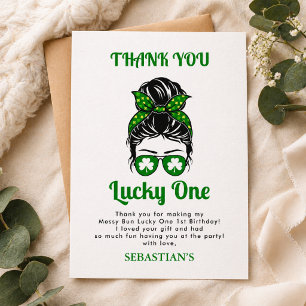  Messy Bun Lucky One 1st Birthday Girl  Thank You Card
