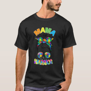 Messy Bun Mama Of Autism Warrior Puzzle Autism Awa T-Shirt