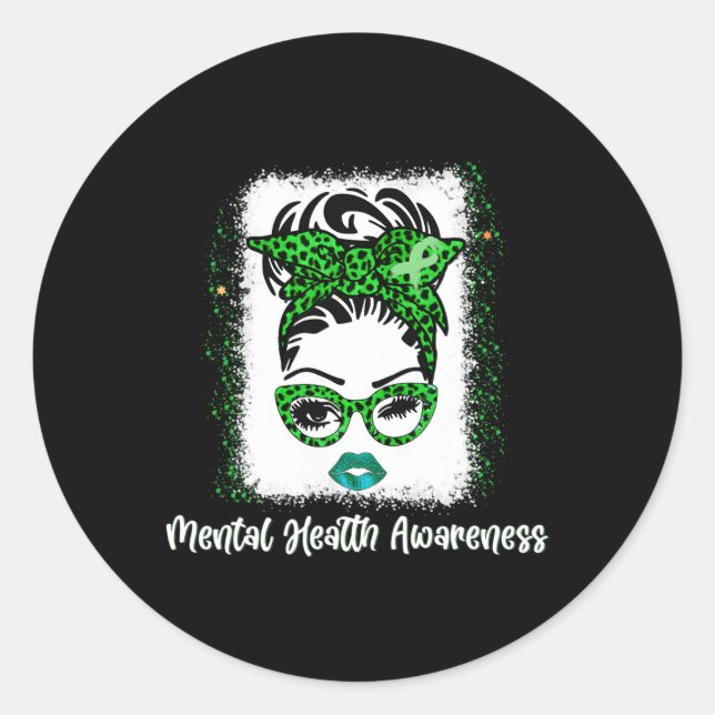 Messy bun Mental Health Awareness Ribbon Month May Classic Round Sticker (Front)