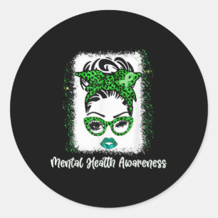 Messy Bun Mental Health Awareness Ribbon Month May Classic Round Sticker