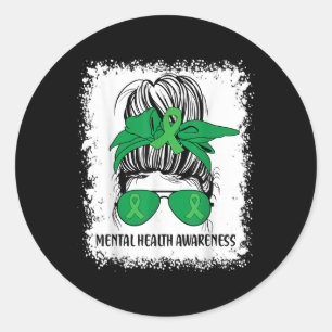 Messy Bun Mental Health S Awareness Green Ribbon _ Classic Round Sticker