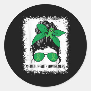 Messy Bun Mental Health S Awareness Green Ribbon _ Classic Round Sticker