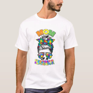 Messy Bun Mom Of Autism Warrior Puzzle Autism Awar T-Shirt