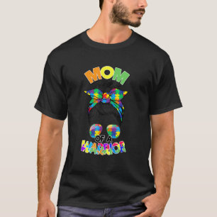 Messy Bun Mum Of Autism Warrior Puzzle Autism Awar T-Shirt