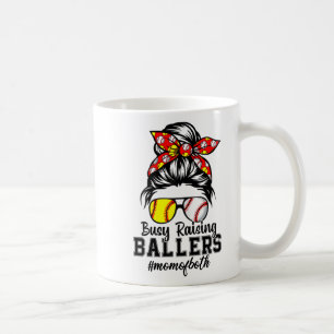 Messy Bun Mum Of Both Baseball Softball Busy Raisi Coffee Mug