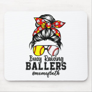 Messy Bun Mum Of Both Baseball Softball Busy Raisi Mouse Pad