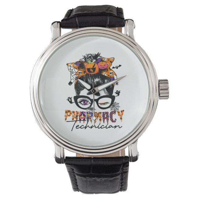 Messy Bun Pharmacy Technician Halloween Party Watch (Front)