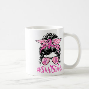 Messy Bun Pink Ribbon Leopard Breast Cancer Warrio Coffee Mug