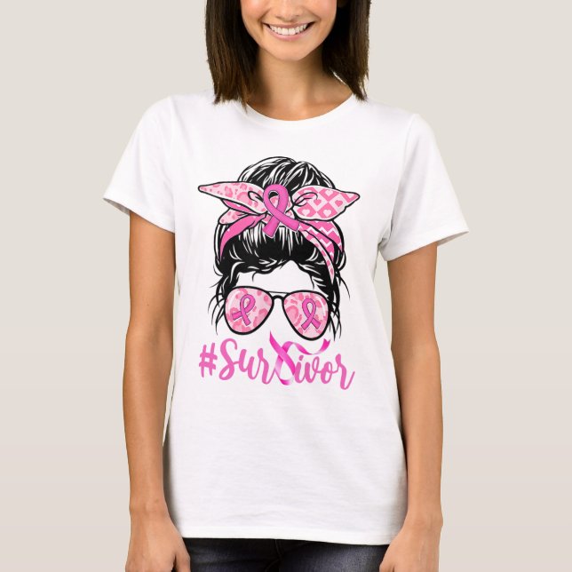 Messy Bun Pink Ribbon Leopard Breast Cancer Warrio T-Shirt (Front)