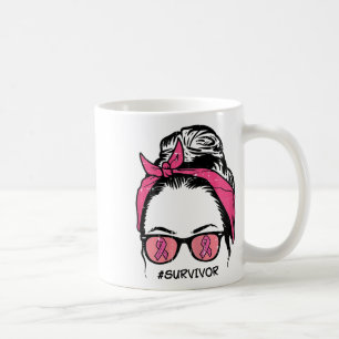 Messy Bun Pink Ribbon Survivor Breast Cancer Aware Coffee Mug