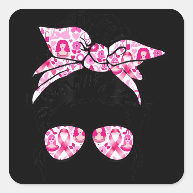 Messy Bun Pink Warrior Support Squad Breast Cancer Square Sticker (Front)