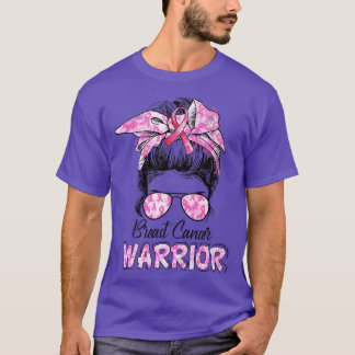 Messy Bun Pink Women Ribbon Warrior Breast Cancer  T-Shirt