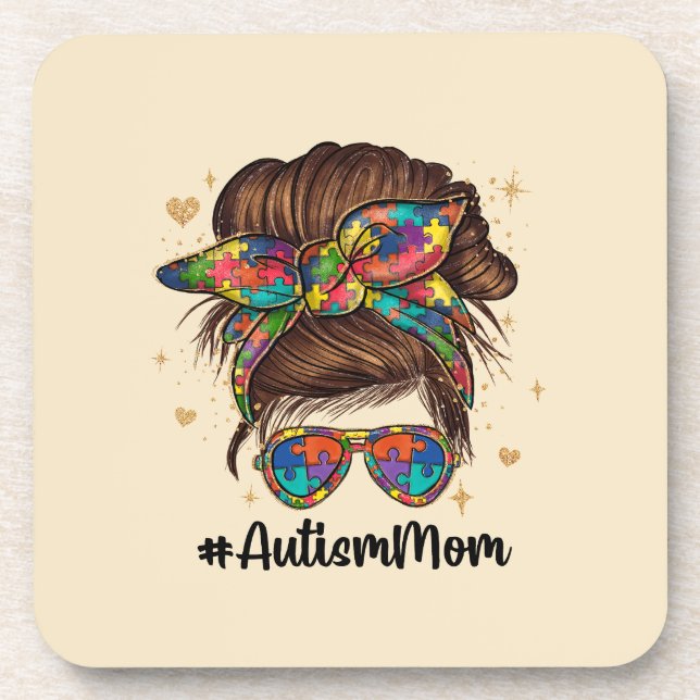 Messy Bun Proud Autism Mum Coaster (Front)