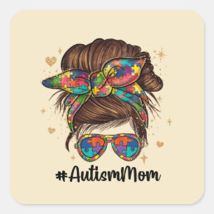 Messy Bun Proud Autism Mum Square Sticker