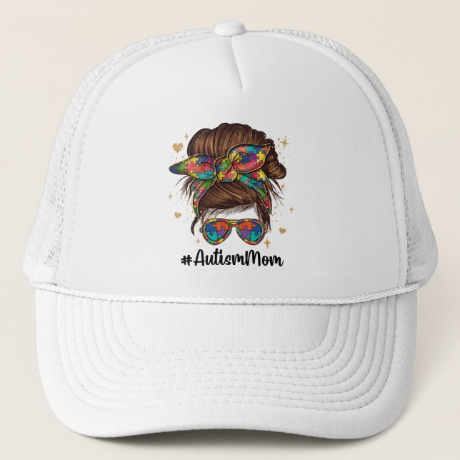 Messy Bun Proud Autism Mum Trucker Hat (Front)