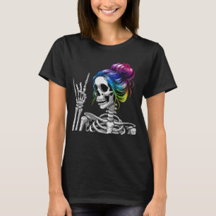 Messy Bun Rock N Roll Skeleton Rock Hand  T-Shirt