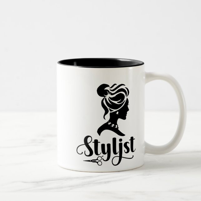 Messy Bun Silhouette Hairstylist Two-Tone Coffee Mug (Right)
