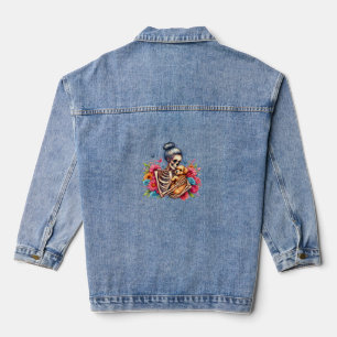 Messy Bun Skeleton Cute Puppy Dog Lovers Halloween Denim Jacket