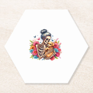 Messy Bun Skeleton Cute Puppy Dog Lovers Halloween Paper Coaster