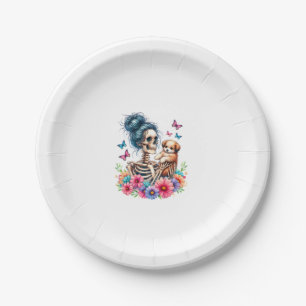 Messy Bun Skeleton Cute Puppy Dog Lovers Halloween Paper Plate