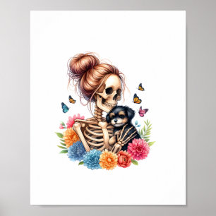 Messy Bun Skeleton Cute Puppy Dog Lovers Halloween Poster
