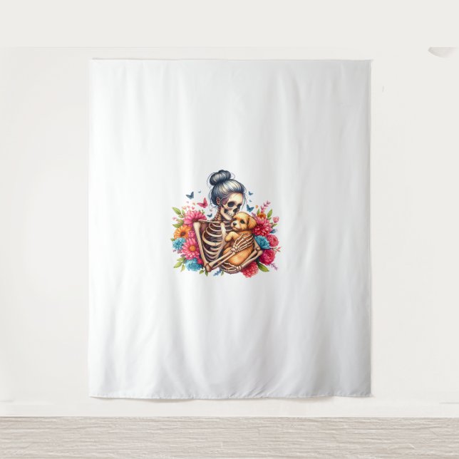 Messy Bun Skeleton Cute Puppy Dog Lovers Halloween Tapestry (Front)