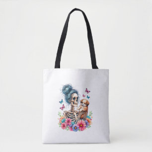 Messy Bun Skeleton Cute Puppy Dog Lovers Halloween Tote Bag