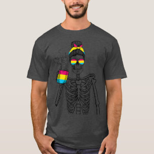 Messy Bun Skeleton Drinking Coffee Panseual LGBTQ T-Shirt