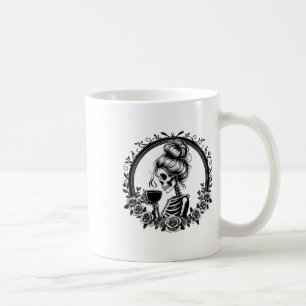 Messy Bun Skeleton Drinking Coffee Vintage Hallowe Mug