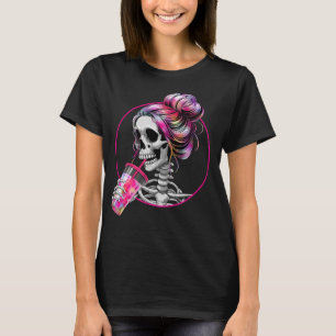 Messy Bun Skeleton With Iced Coffee T-Shirt