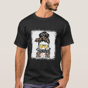 Messy Bun Softball Baseball Mom Leopard Print Moth T-Shirt