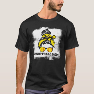 Messy Bun Softball Mum Life Bleached Game Day Chee T-Shirt
